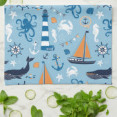 Nautical Ocean Blue en Oranje Theedoek (Gevouwen)