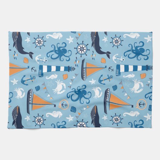 Nautical Ocean Blue en Oranje Theedoek (Horizontaal)