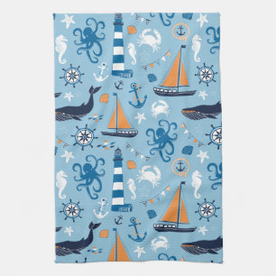 Nautical Ocean Blue en Oranje Theedoek