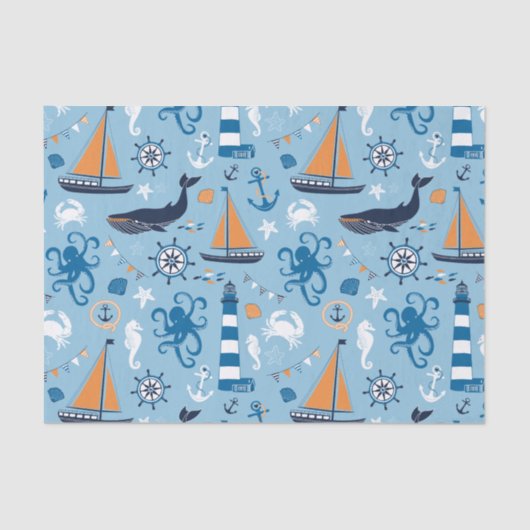 Nautical Ocean Blue en Oranje Tissuepapier (Voorkant)