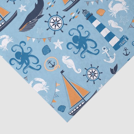 Nautical Ocean Blue en Oranje Tissuepapier (Detail)