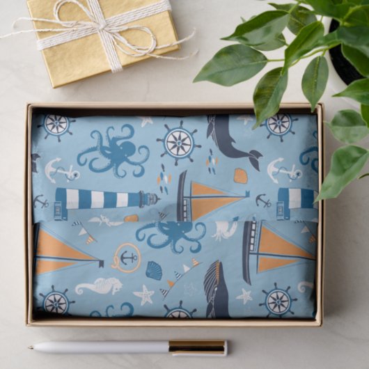 Nautical Ocean Blue en Oranje Tissuepapier (Geschenk)
