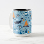 Nautical Ocean Blue en Oranje Tweekleurige Koffiemok (Voorkant links)
