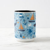 Nautical Ocean Blue en Oranje Tweekleurige Koffiemok (Center)