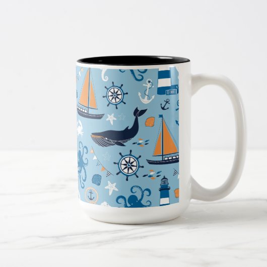 Nautical Ocean Blue en Oranje Tweekleurige Koffiemok (Rechts)