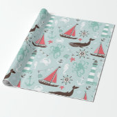 Nautical Ocean Blue en Roos Cadeaupapier (Uitgerold)