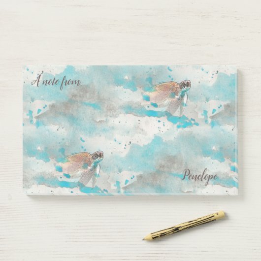 Nautical Ocean Blue Waterverf Zee Turtle and Name Post-it® Notes (Op bureau)