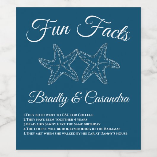 Nautical Ocean Blue Wedding Starfish Fun Facts Wijn Etiket (Enkel label)