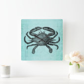 Nautical Ocean Crab Antique Art Teal Paper Design Vierkante Klok (Huis)