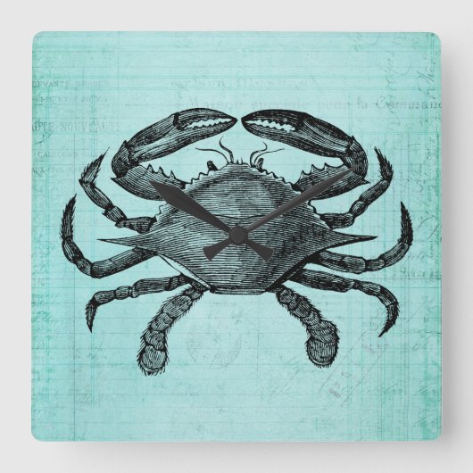 Nautical Ocean Crab Antique Art Teal Paper Design Vierkante Klok (Voorkant)