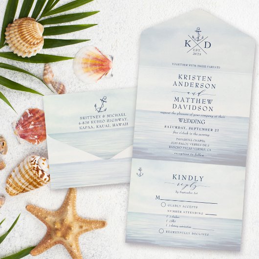 Nautical Ocean Waterverf Wedding All In One Uitnodiging