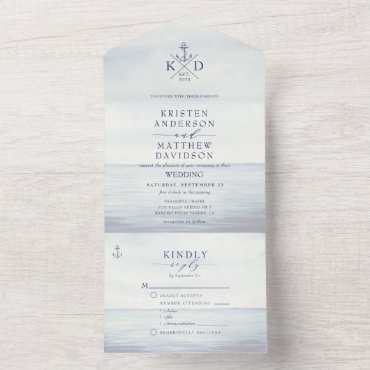 Nautical Ocean Waterverf Wedding Monogram All In One Uitnodiging (Binnen)