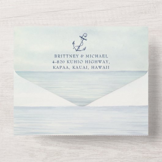 Nautical Ocean Waterverf Wedding Monogram All In One Uitnodiging (Achterkant)