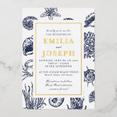 Nautical Oceanic classic navy blue Weddengoud Folie Uitnodiging (Voorkant)