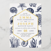 Nautical Oceanic dark navy blue gold folie Weddens Folie Uitnodiging (Voorkant)