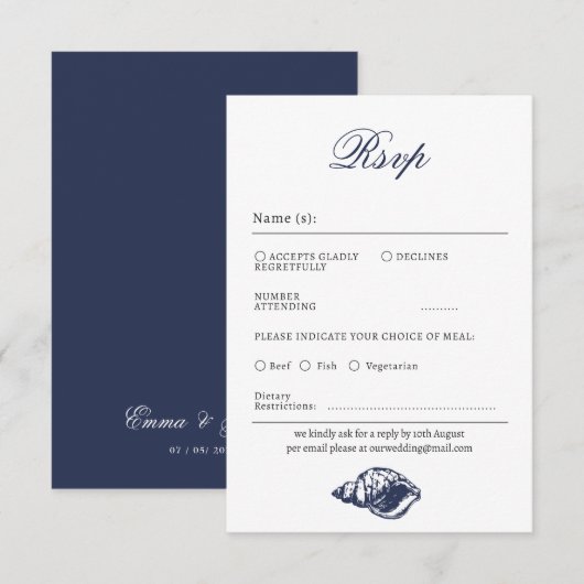 Nautical Oceanic dark navy Wedding Rsvp Kaart (Voorkant / Achterkant)
