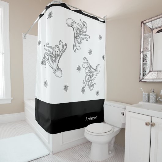 Nautical Octopus Bathroom Ocean Black White Douchegordijn (In situ)