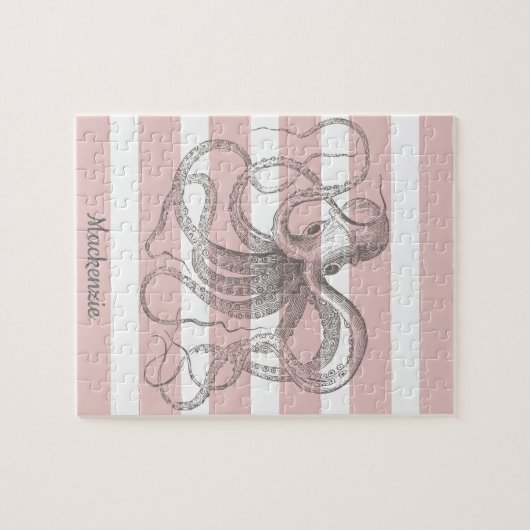 Nautical  Octopus Coastal Pink Stripes Legpuzzel (Horizontaal)