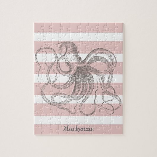 Nautical  Octopus Coastal Pink Stripes Legpuzzel (Verticaal)