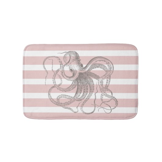 Nautical  Octopus on Coastal Pink Stripes Badmat (Voorkant)