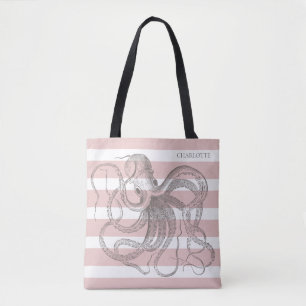 Nautical  Octopus on Coastal Pink Stripes Tote Bag