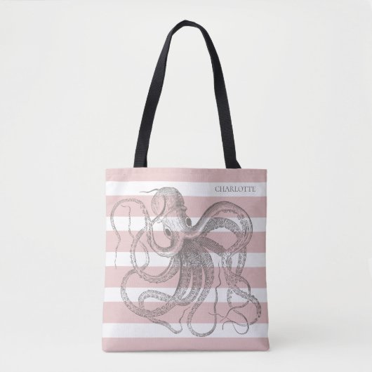 Nautical Octopus on Coastal Pink Stripes Tote Bag (Voorkant)