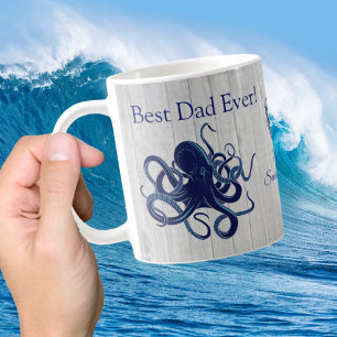 Nautical Octopus Squid Navy Blue Best Dad Ever Cof Koffiemok