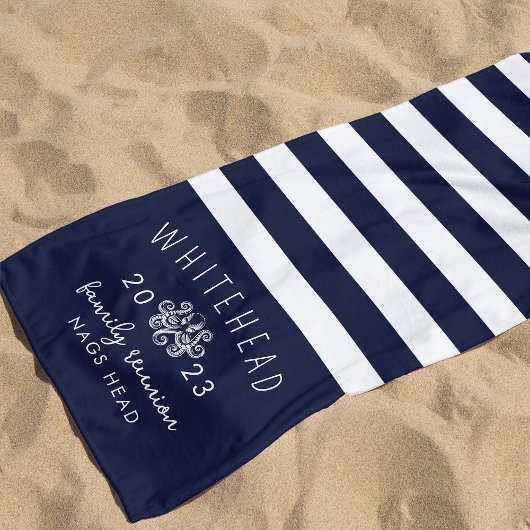 Nautical Octopus Stripe Navy Monogram Strandlaken