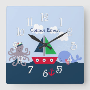 Nautical Octopus, Whale, Sealife Nursery Clock Vierkante Klok