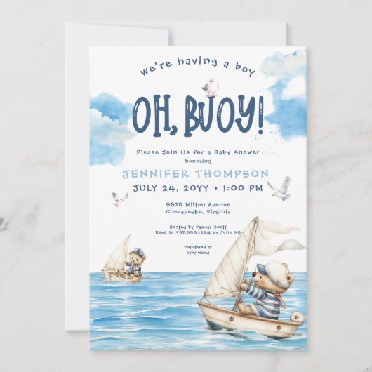Nautical Oh Boy Sailor Teddy Bears Baby shower Kaart