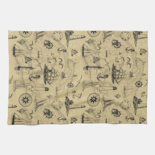 Nautical Old Map Pattern Seafaring Theedoek (Horizontaal)