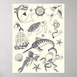 Nautical Old Sailor Tattoos Collage Poster