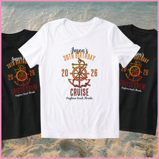 Nautical Orange & White Name 30th Birthday Cruise T-shirt