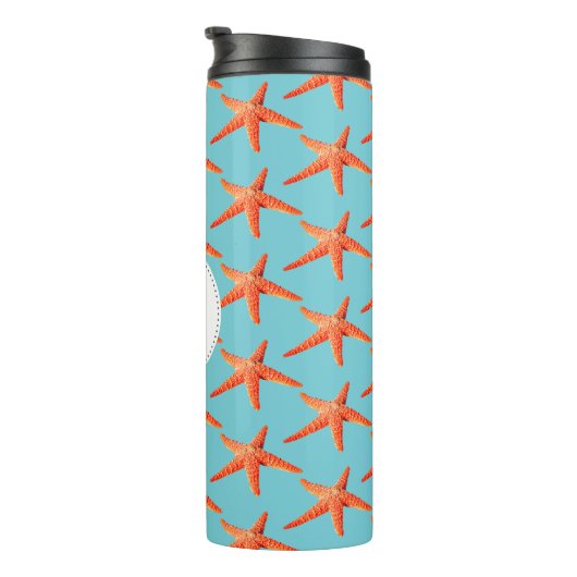 Nautical Oranje Starfish Monogram Thermosbeker (Geroteerd rechts)