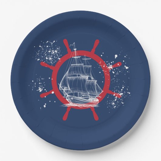 Nautical Party Zeilboot Blauw Papieren Bordje (Voorkant)