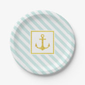 Nautical Pastel Blue Stripes Golden Anchor Papieren Bordje (Voorkant)