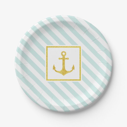 Nautical Pastel Blue Stripes Golden Anchor Papieren Bordje (Voorkant)