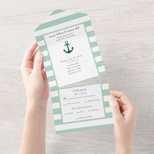 Nautical Pastel Green and White Stripes All In One Uitnodiging (Afscheurbaar)