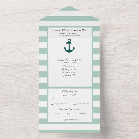 Nautical Pastel Green and White Stripes All In One Uitnodiging (Binnen)