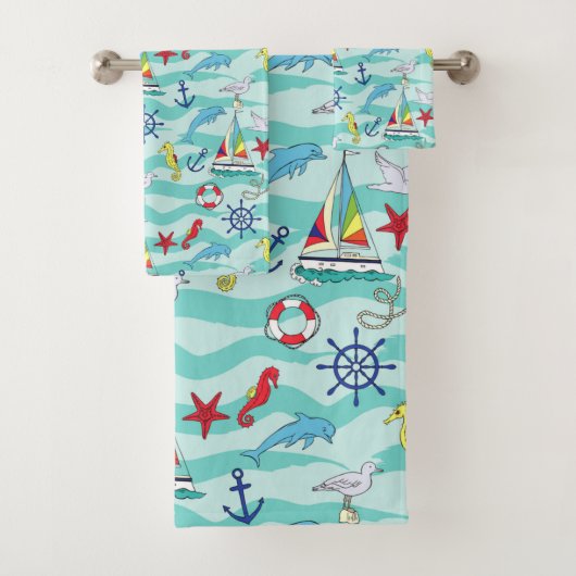 Nautical Pattern Boats Ship Wheel Anchor Dolphin Bad Handdoek (Insitu)