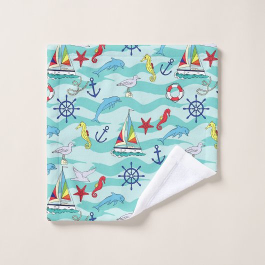 Nautical Pattern Boats Ship Wheel Anchor Dolphin Bad Handdoek (Wasdoekje)