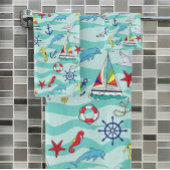 Nautical Pattern Boats Ship Wheel Anchor Dolphin Bad Handdoek
