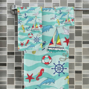 Nautical Pattern Boats Ship Wheel Anchor Dolphin Bad Handdoek