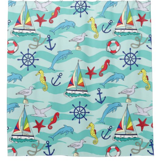 Nautical Pattern Boats Ship Wheel Anchor Dolphin Douchegordijn (Voorkant)