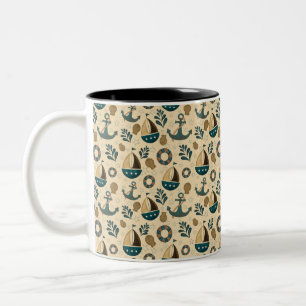 Nautical Pattern in Blue, Brown, Cream Tweekleurige Koffiemok