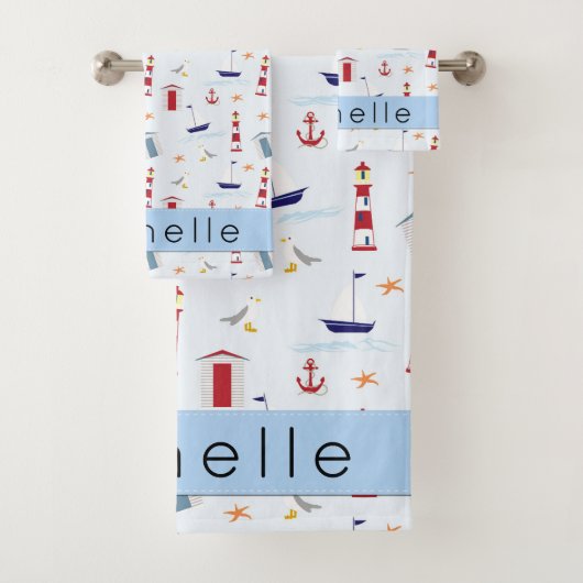 Nautical Pattern, Marine Pattern, Jouw naam Bad Handdoek (Insitu)