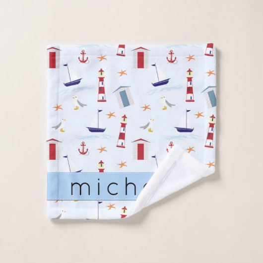 Nautical Pattern, Marine Pattern, Jouw naam Bad Handdoek (Wasdoekje)