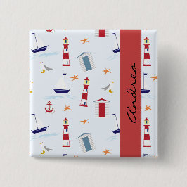 Nautical Pattern, Marine Pattern, Jouw naam Vierkante Button 5,1 Cm