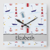 Nautical Pattern, Marine Pattern, Jouw naam Vierkante Klok (Voorkant)