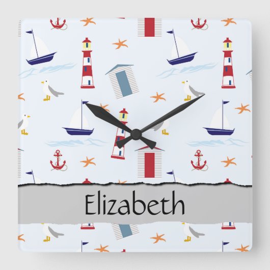 Nautical Pattern, Marine Pattern, Jouw naam Vierkante Klok (Voorkant)